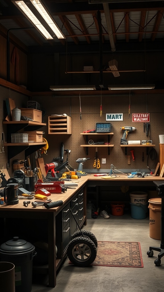 A well-lit garage workbench with tools and organized storage.