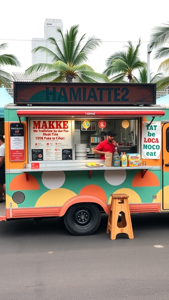A colorful food truck named HAMIATTE2 in Honolulu, Hawaii, with a menu featuring local cuisine.