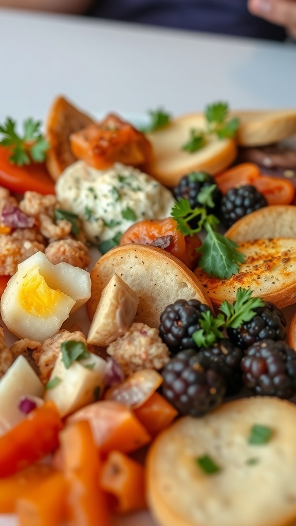 A colorful assortment of tapas featuring roasted peppers, creamy dips, and fresh herbs.