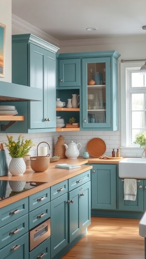 A kitchen featuring teal blue cabinets, wooden countertops, and decorative elements for a coastal feel.