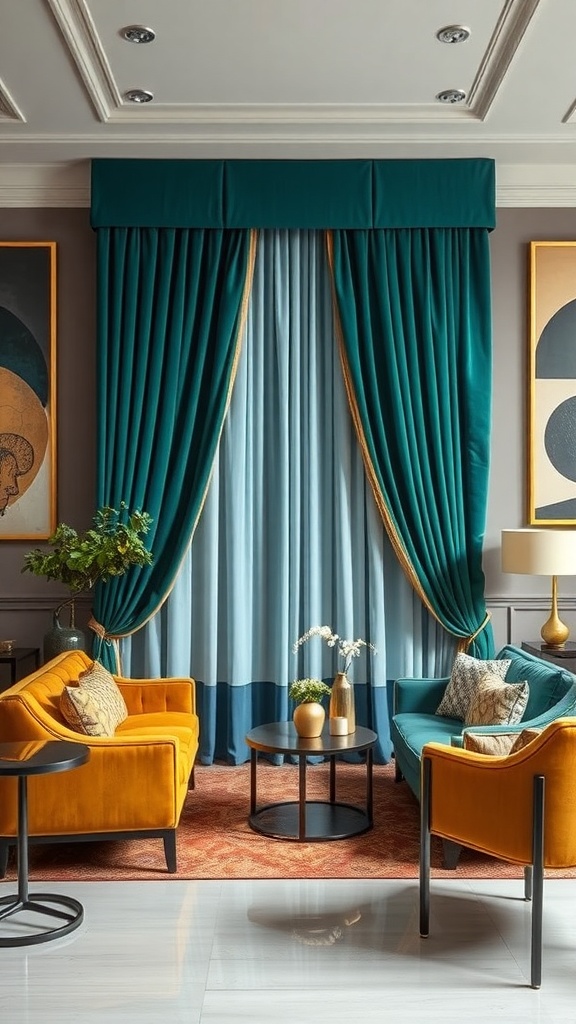 A stylish living room featuring teal green curtains with gold accents, orange chairs, and modern decor.