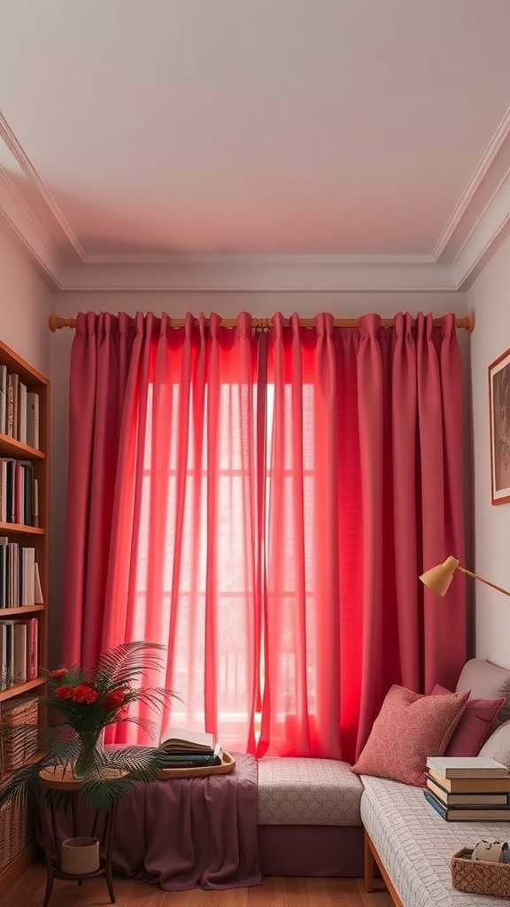 A cozy room featuring textured coral pink curtains framing a window, with a light gray sofa and a small side table.