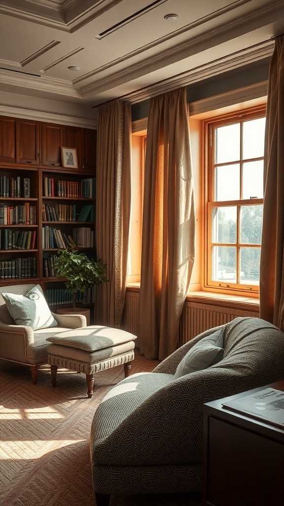 A cozy study room with textured fabrics, featuring a comfortable chair, curtains, and a bookshelf.