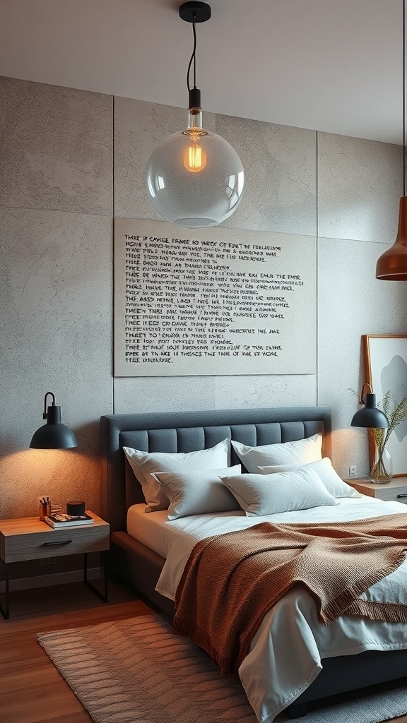 A cozy bedroom featuring a textured wall behind the bed, warm lighting, and stylish decor.