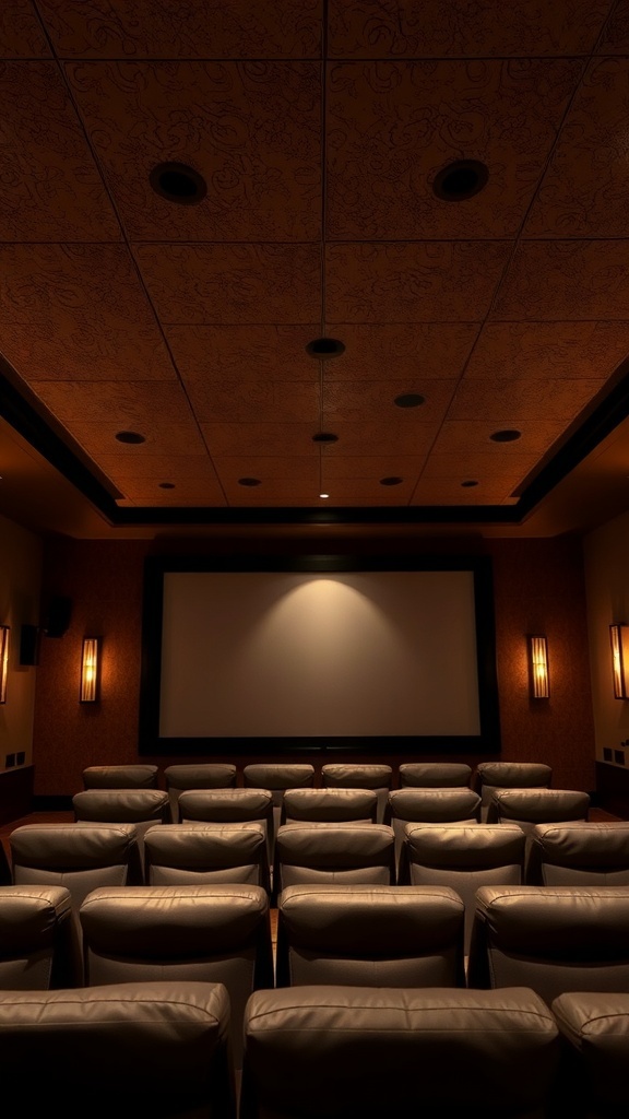 A cozy home theater with a textured ceiling and comfortable seating.