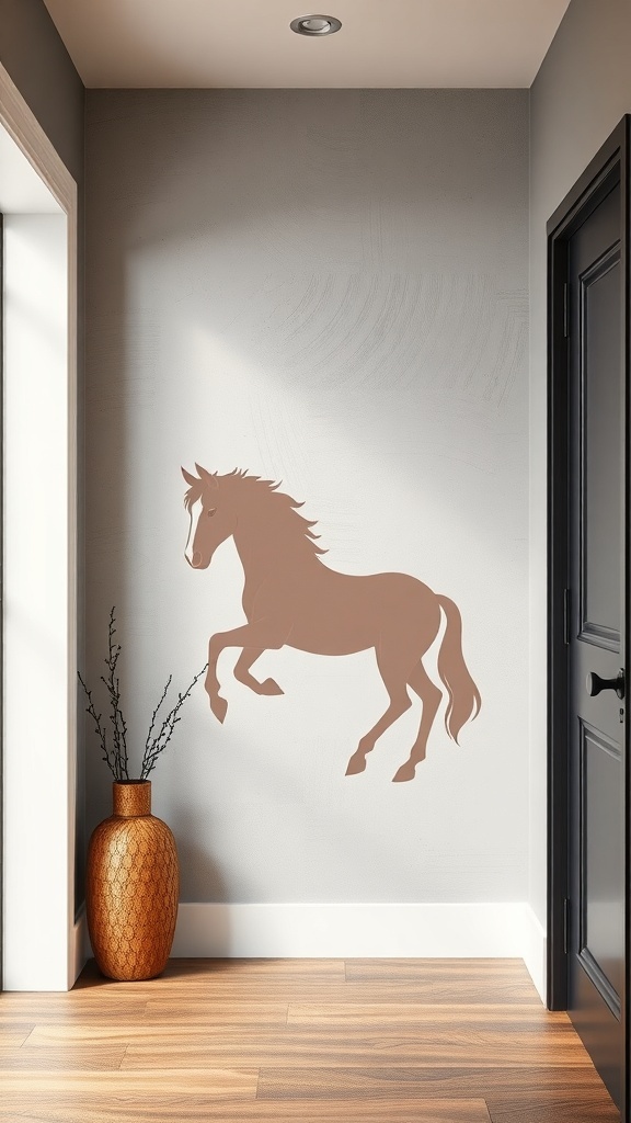 A textured pony wall with a horse design and a decorative vase.