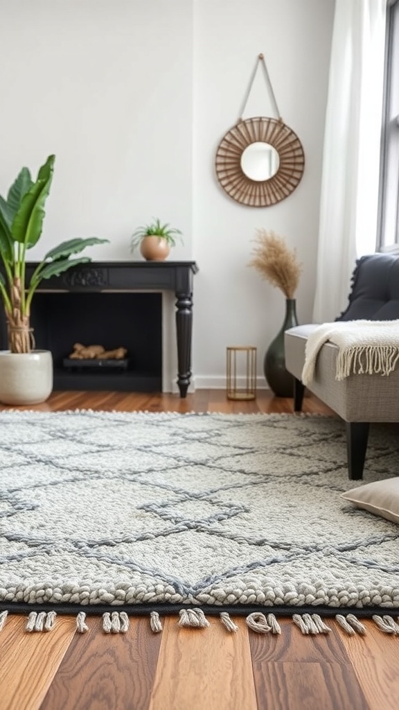 A cozy living room featuring a tufted rug with a subtle pattern, wooden flooring, and stylish decor.