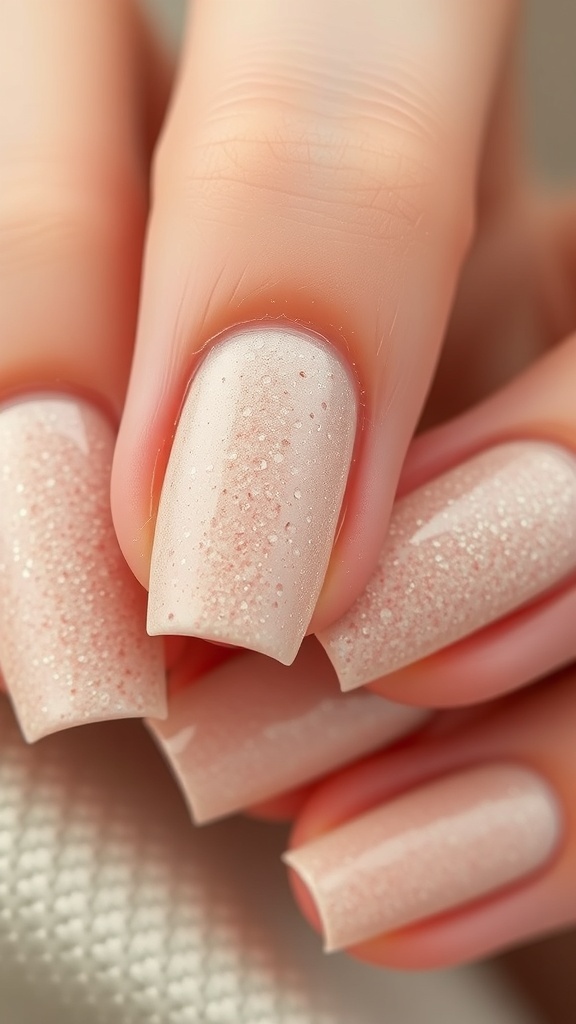 Close-up of textured minimalist nails in a soft nude shade with subtle sparkles.