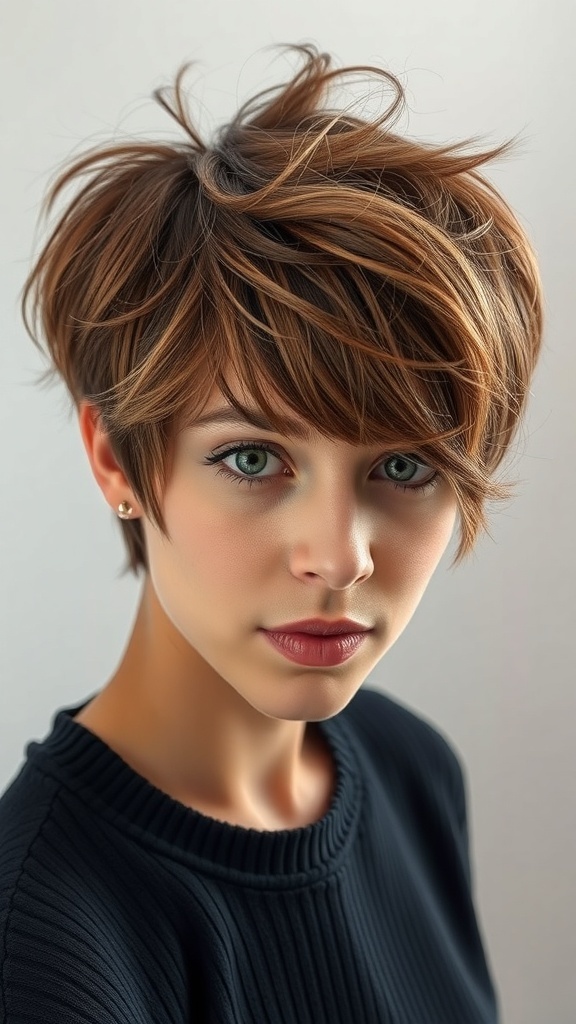 A close-up of a woman with a textured pixie cut, featuring tousled layers and a stylish appearance.