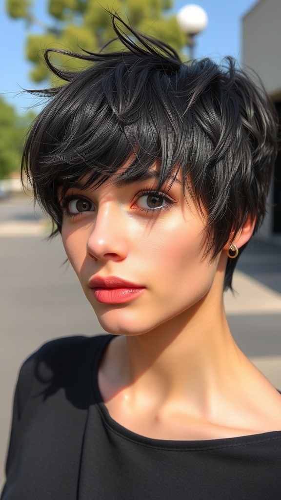 A young person with a textured pixie cut and wispy bangs, showcasing a stylish and playful hairstyle.