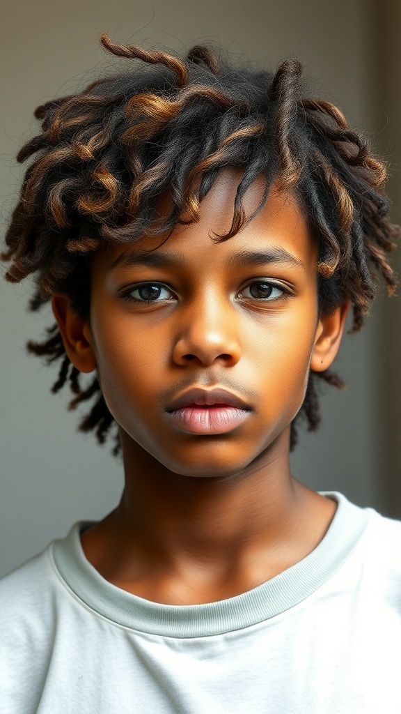 A young person with textured shag hairstyle featuring natural curls.