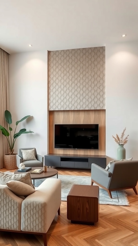 Stylish living area with textured wall panel behind a TV, showcasing a modern design.