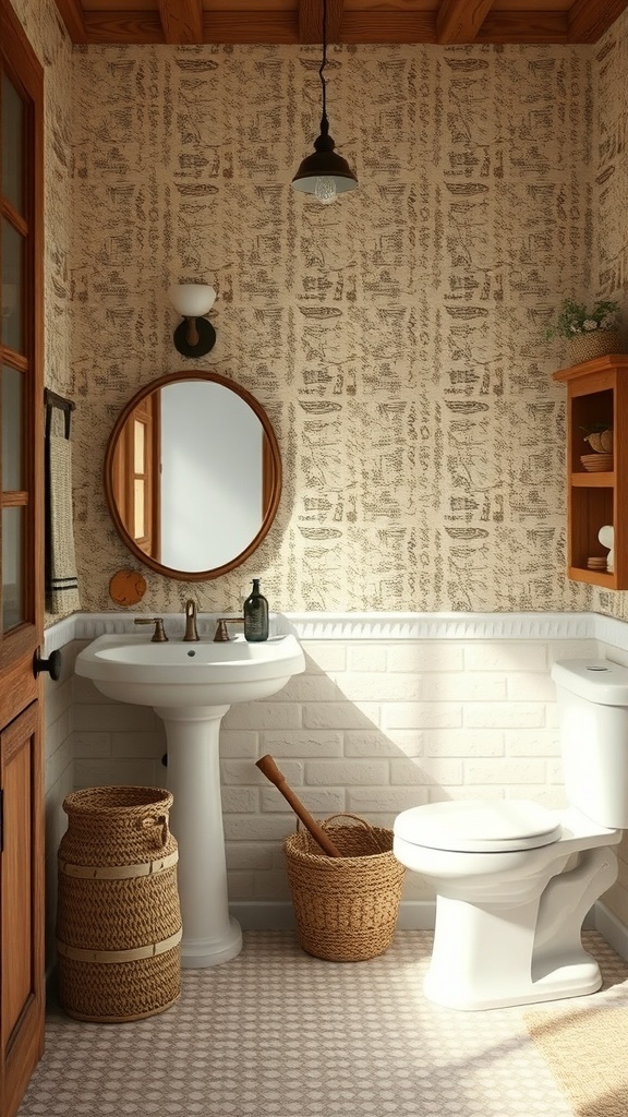 A cozy bathroom featuring textured wallpaper, a round mirror, and wooden elements.