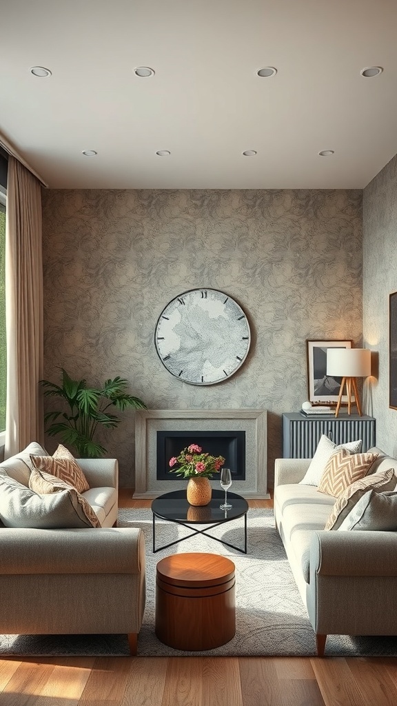 Cozy living room with textured wallpaper, soft furniture, and a stylish decor