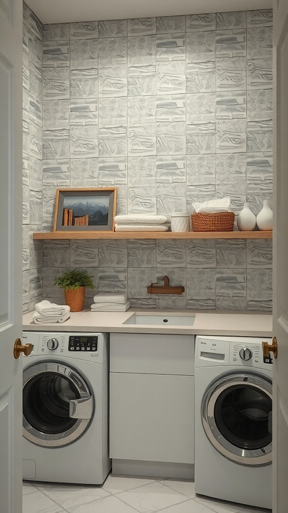 A modern laundry room with textured wallpaper, featuring two washing machines, wooden shelves, and decorative items.