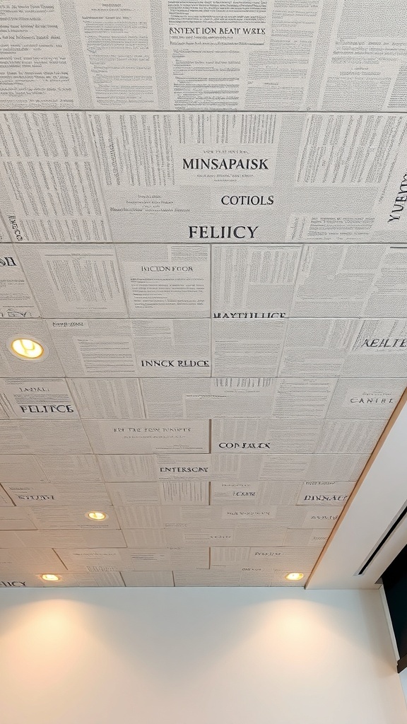 Ceiling wallpaper with a textured design resembling pages of text.