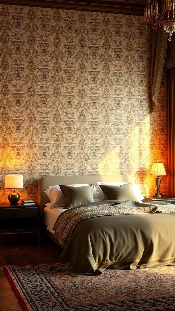 A cozy bedroom featuring textured wallpaper with intricate patterns, warm lighting, and elegant decor.