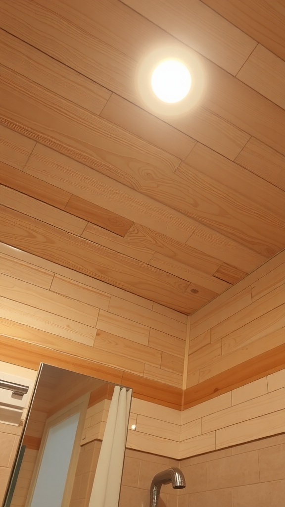 Textured wood paneling on a bathroom ceiling with a light fixture