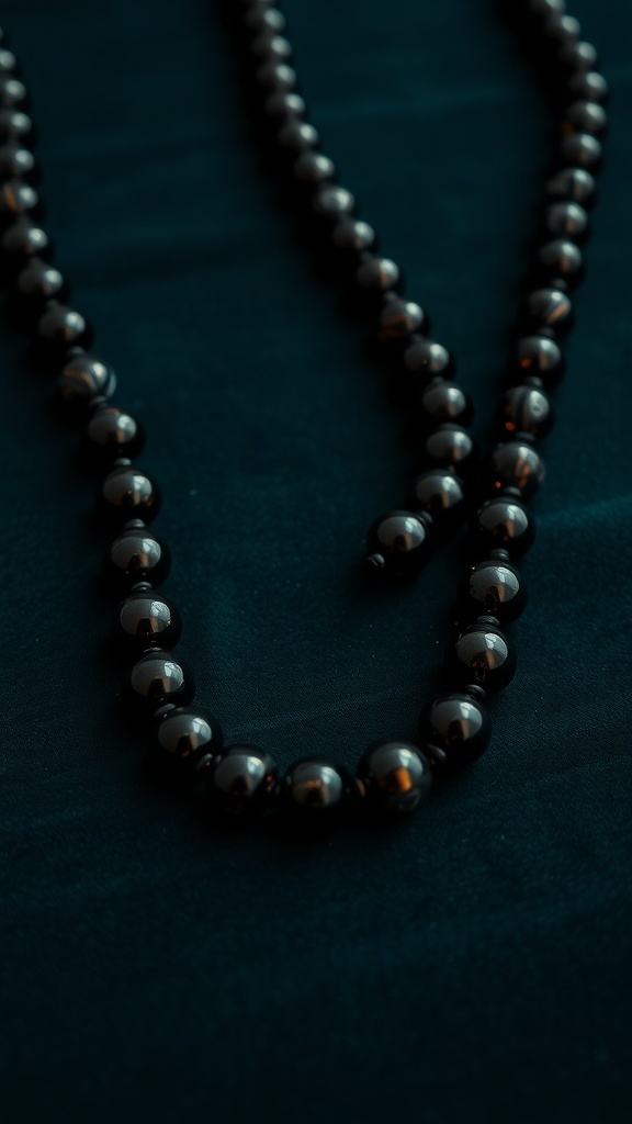 A close-up of a black beaded necklace made of onyx beads, laid on a dark fabric.