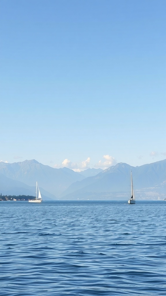 A serene view of Lake Zurich with sailboats and mountains in the background.