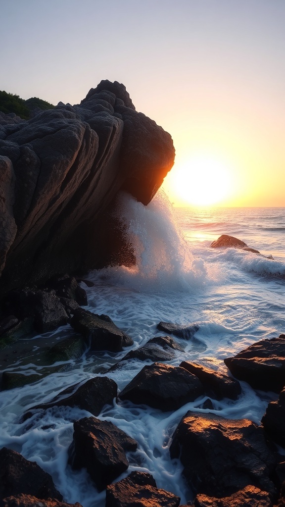 A stunning view of Spouting Horn blowhole in Kauai, Hawaii, with waves crashing against the rocks at sunset.