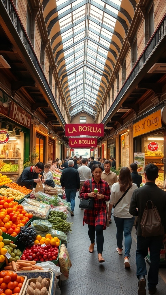 A busy market scene at La Boqueria with colorful fruit and vegetable stalls and people walking through the aisles.