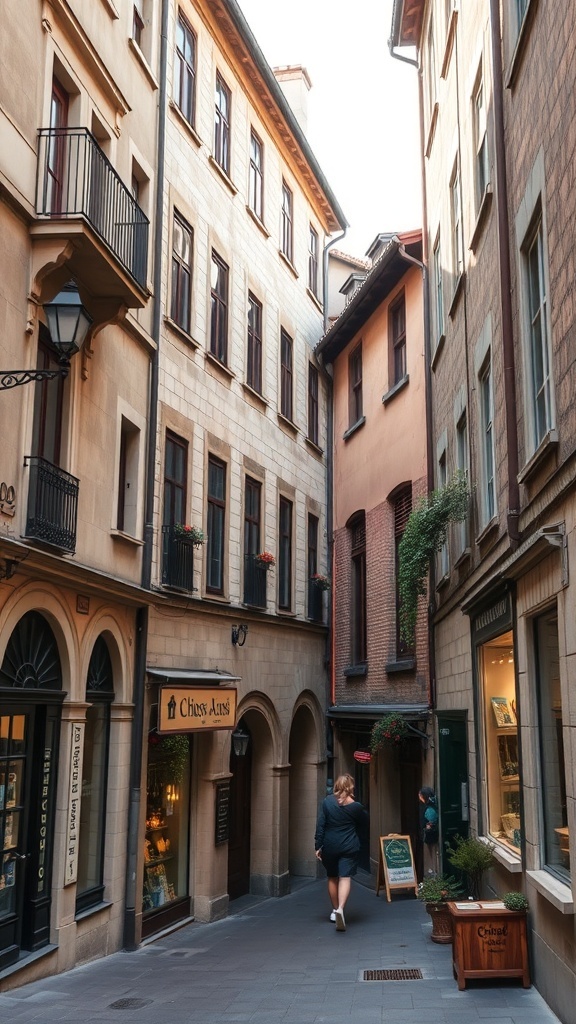 Narrow street in the Gothic Quarter of Barcelona with buildings and shops