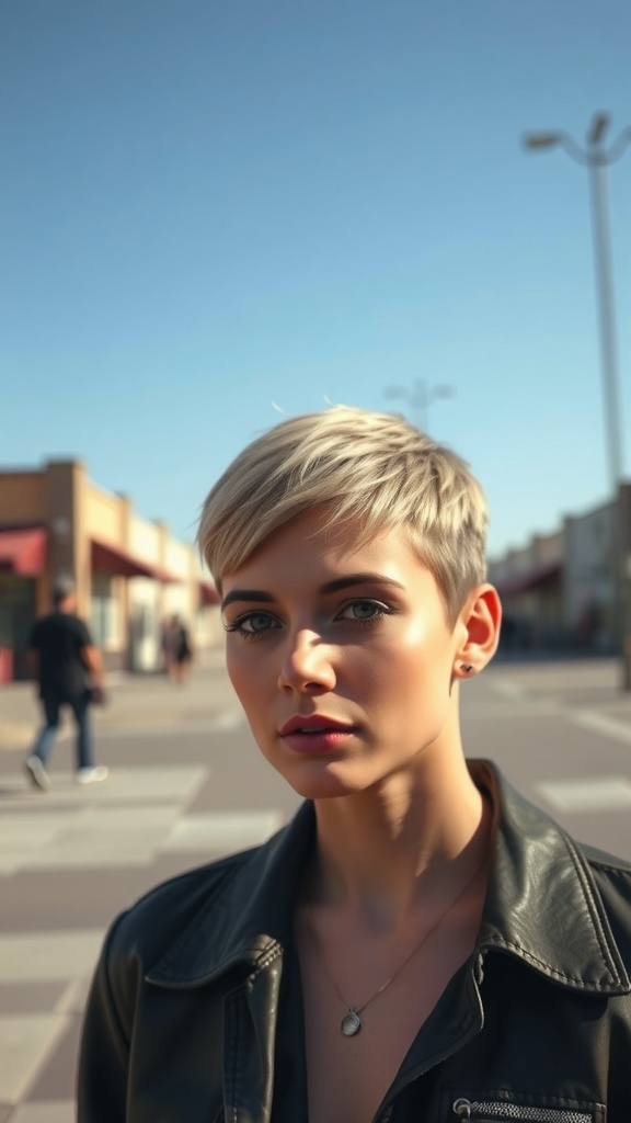 A woman with a stylish pixie cut, wearing a leather jacket, standing outdoors.