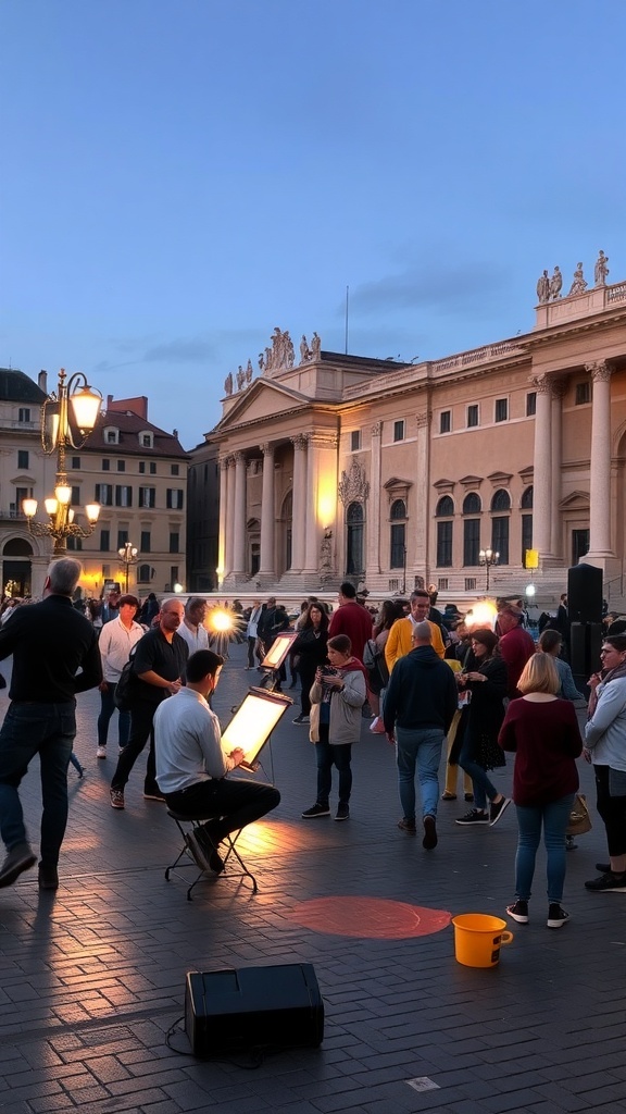 A lively scene at Piazza Navona with street artists and a crowd enjoying the evening.