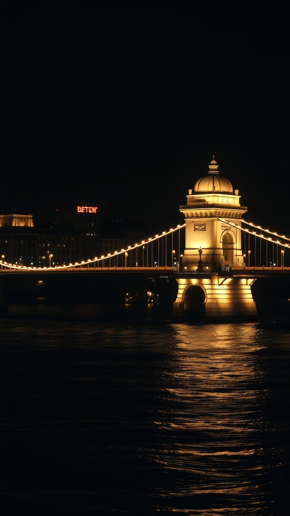 The Chain Bridge in Budapest illuminated at night, with reflections on the Danube River.