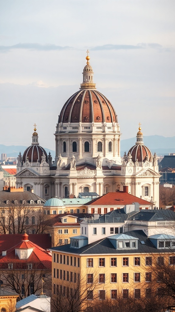 A view of St. Stephen's Basilica in Budapest with its iconic dome and surrounding buildings.