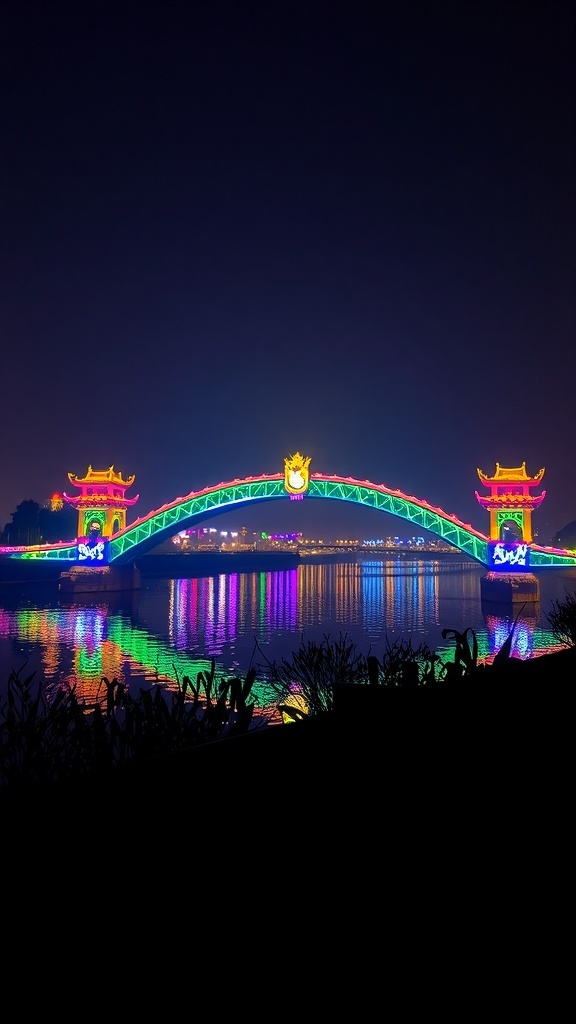 Colorful lights illuminating the Dragon Bridge in Da Nang at night, reflecting on the water.