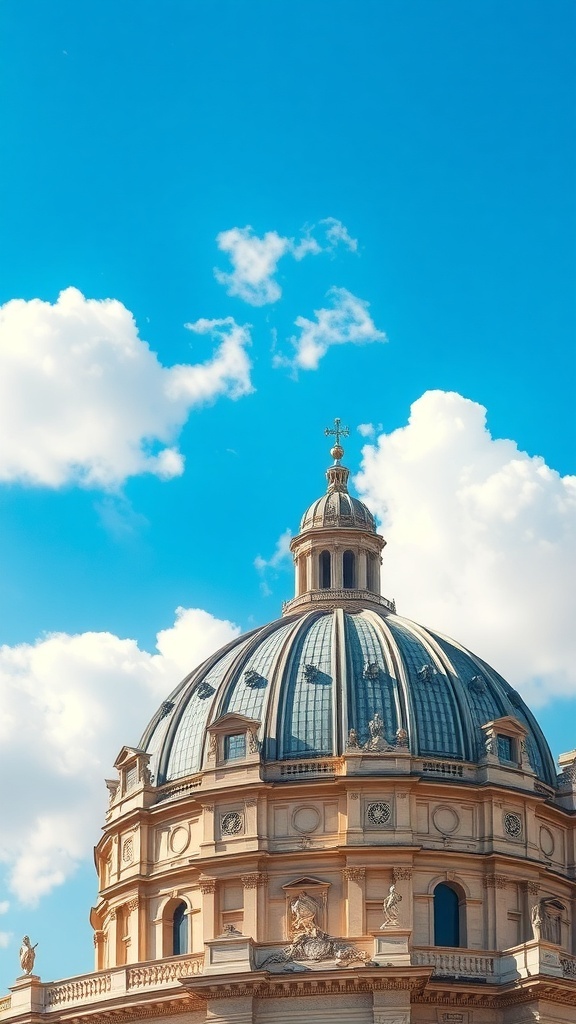 A close-up view of the dome of St. Peter's Basilica against a blue sky with fluffy clouds.