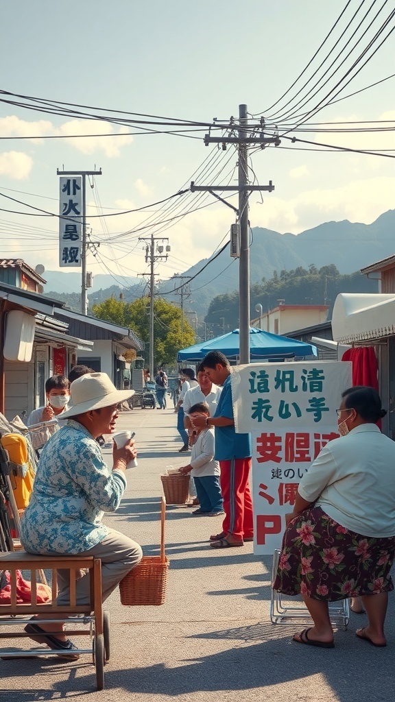 A lively street scene in Okinawa, showing locals interacting and enjoying their day.