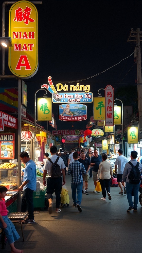A busy night market in Da Nang, Vietnam, with colorful signs and people shopping.