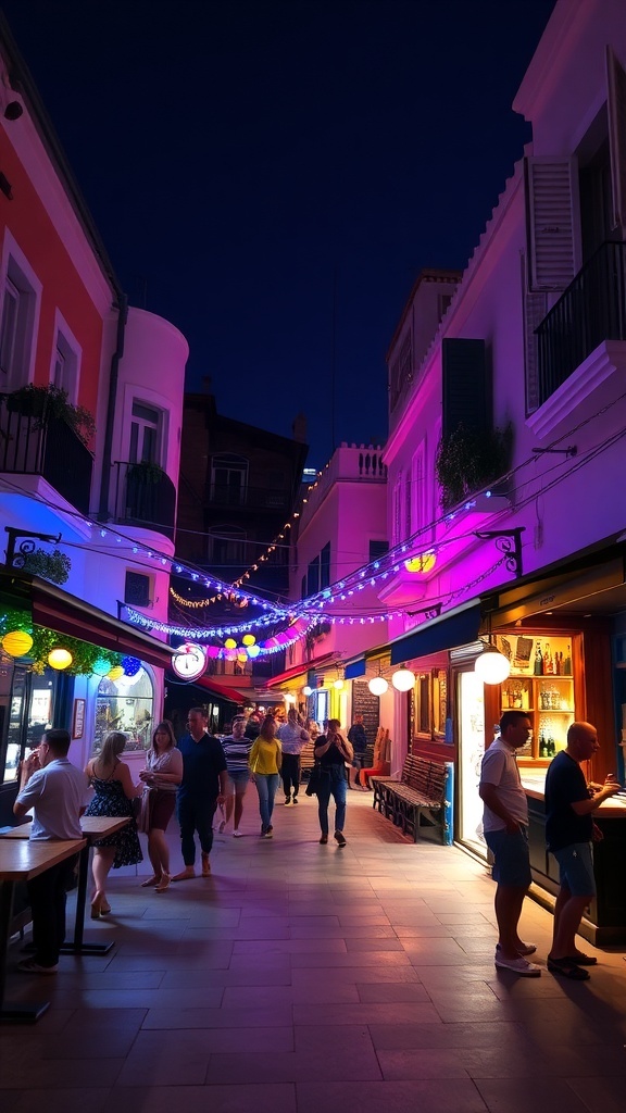 A lively street in Zakynthos Town at night, filled with colorful lights and people enjoying the nightlife.