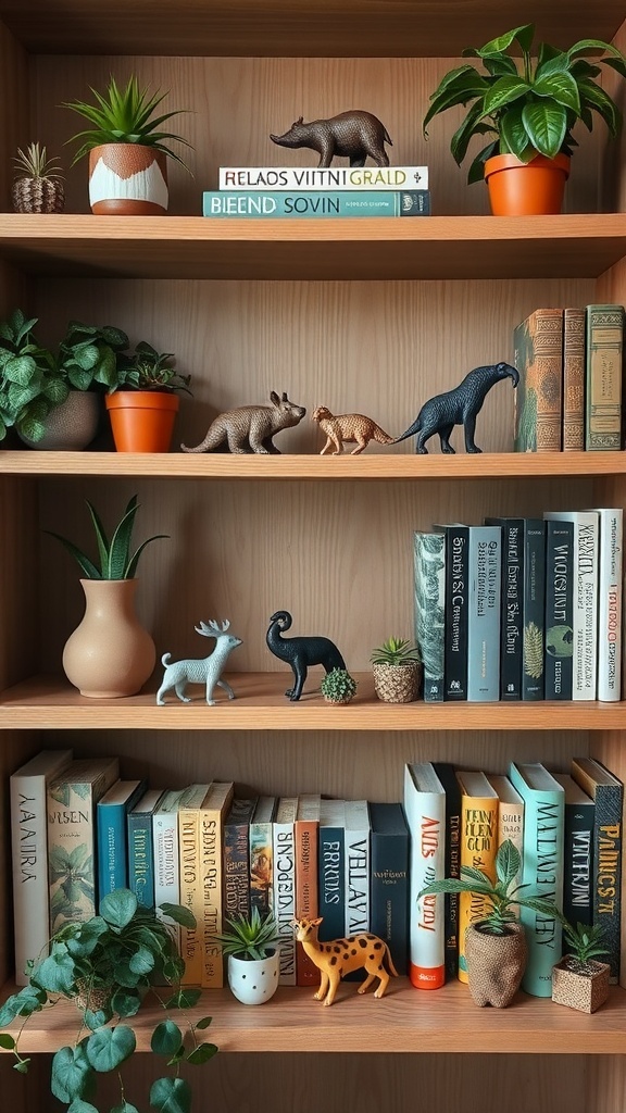 A themed bookshelf with books, plants, and animal figurines.