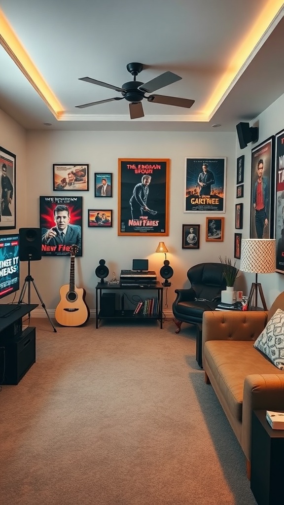 A cozy themed movie room with movie posters, a comfortable couch, and a TV setup.