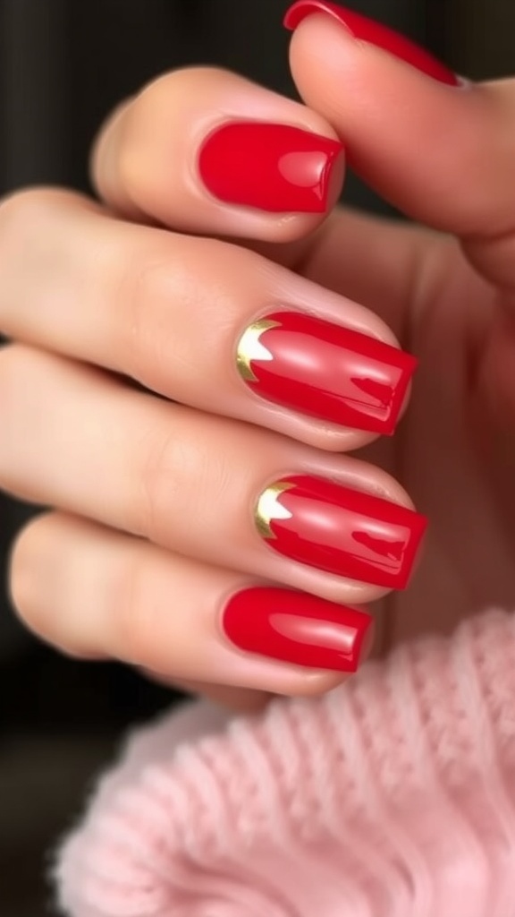 A hand with red nails and gold rings, wearing a cozy sweater