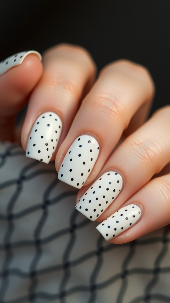 Nails with a white base and tiny black dot patterns