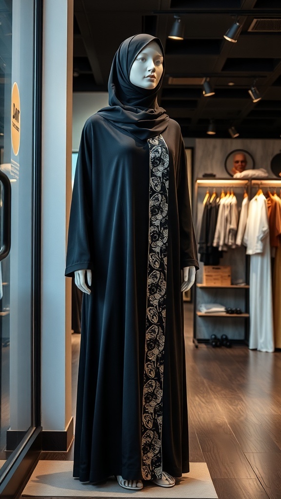 A mannequin displaying a black abaya with a patterned front design in a modern store setting.