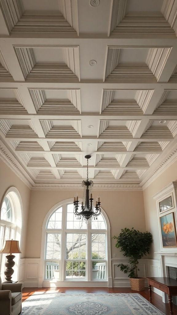 A traditional coffered ceiling design featuring recessed panels and elegant molding, with a chandelier and large windows.