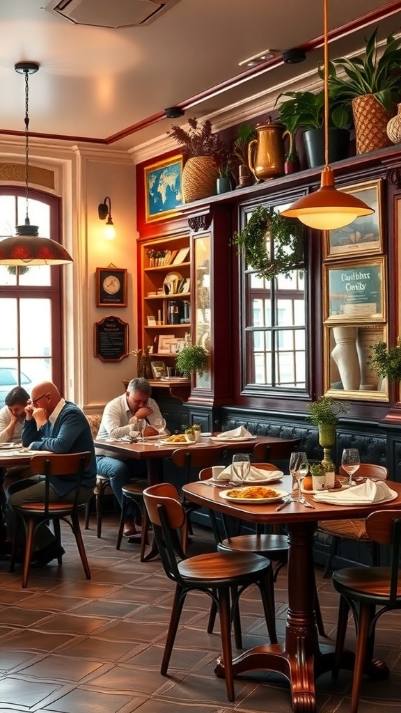 Cozy restaurant interior in Amsterdam with diners enjoying traditional Dutch cuisine.