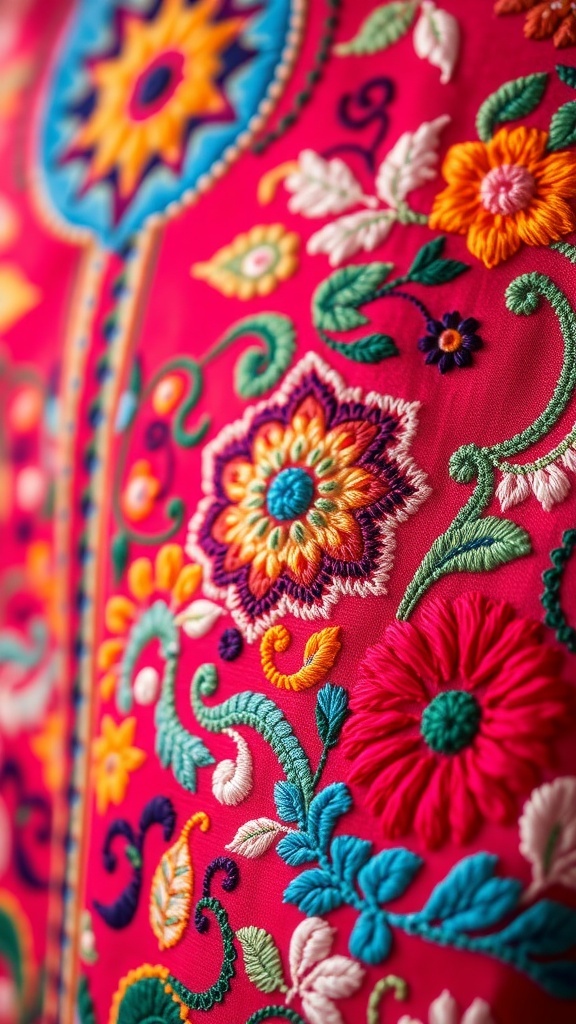 Close-up of a blue Turkish abaya featuring traditional embroidery with floral and geometric designs.