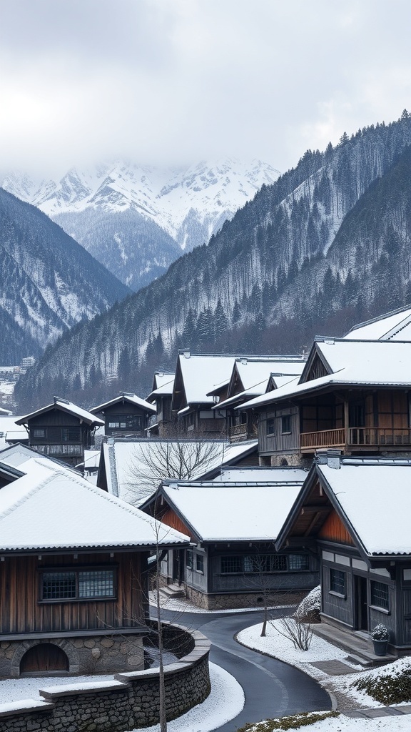 Traditional farmhouses in Shirakawa-go, Japan, surrounded by snow-covered mountains.