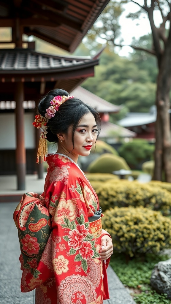 A traditional kimono displayed on a mannequin, featuring a floral design with a navy background and a red obi.