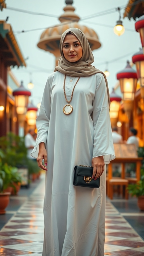 A woman wearing a white abaya, standing in a beautifully lit outdoor setting with warm lights.