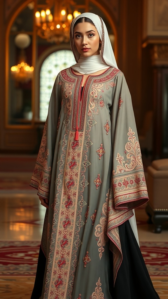 A woman wearing a beautifully embroidered black abaya with floral patterns, standing in an elegant indoor setting.