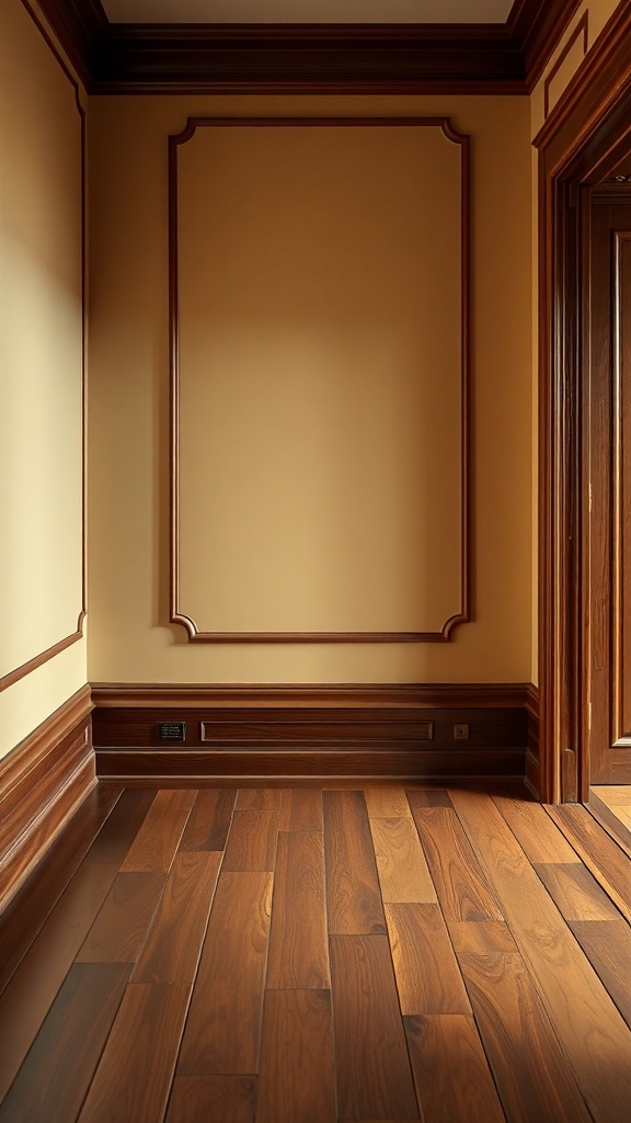 A corner of a room featuring traditional wood baseboards and elegant wall detailing.