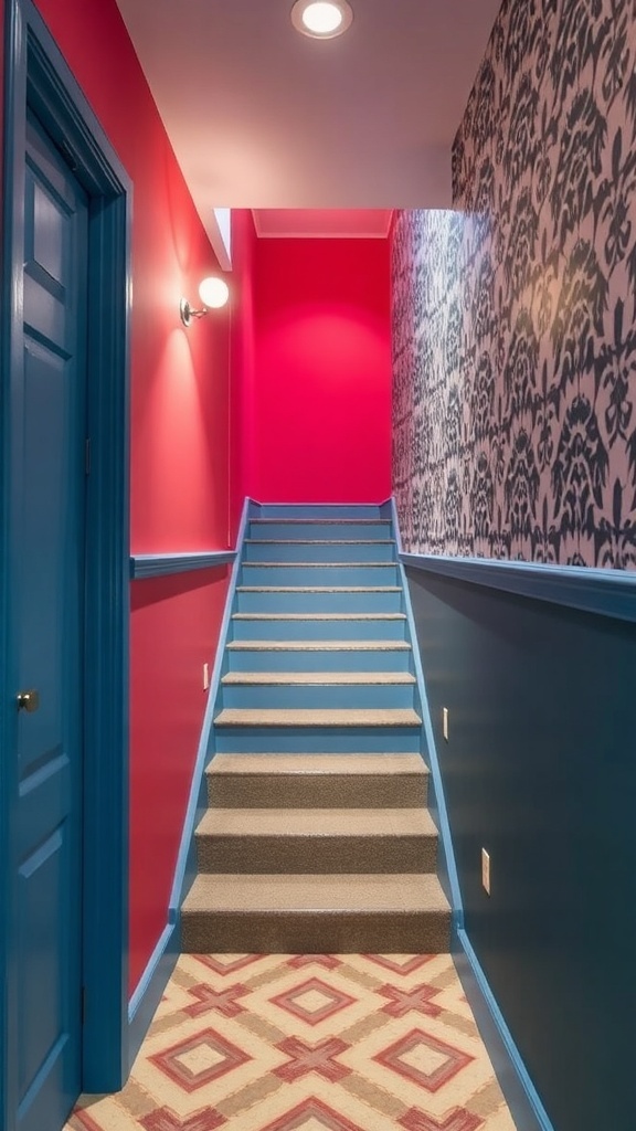 A colorful basement stairwell with pink walls, blue trim, and patterned wallpaper.